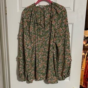 Floral Green Blouse with Ruffle Details